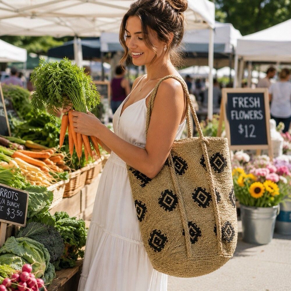 100% Jute Woven Tote Bag Boho Black Aztec Diamond Print Beach Market Shopper